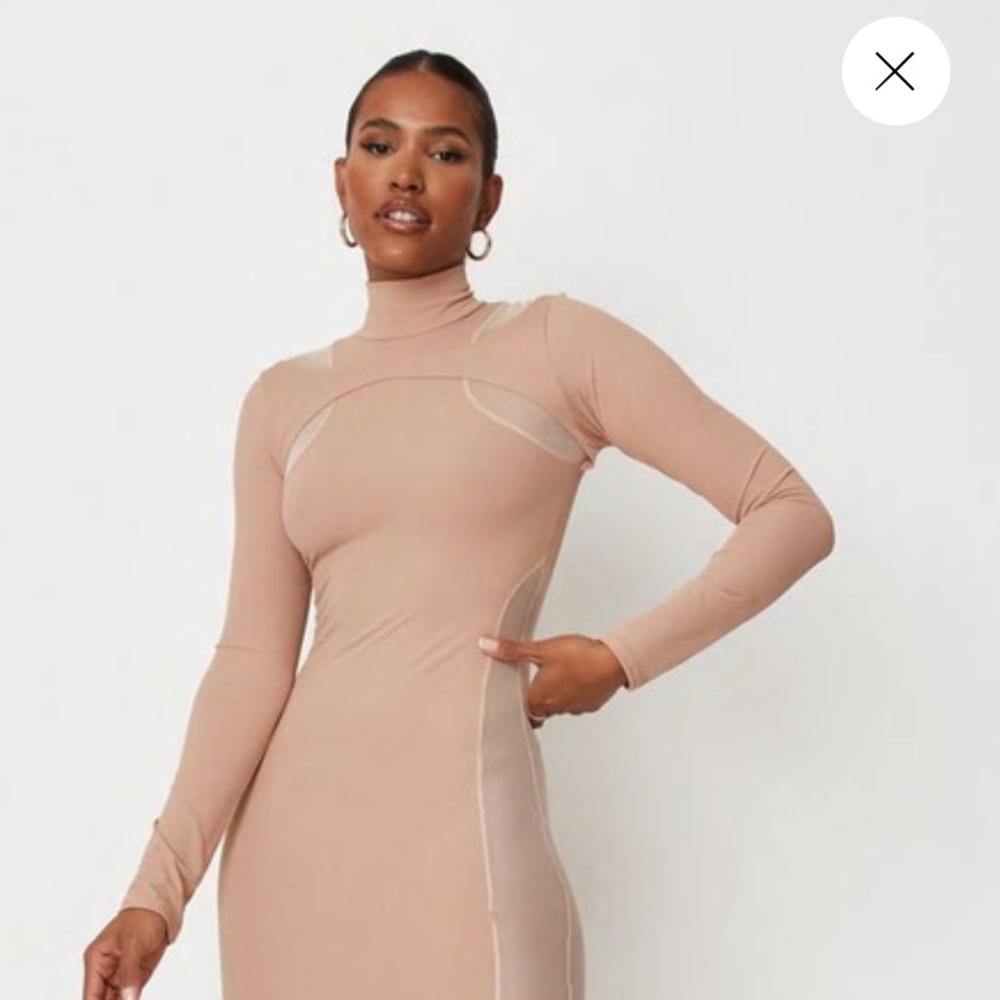 MISSGUIDED Stone Rib High Neck Mesh Panel Midaxi Dress